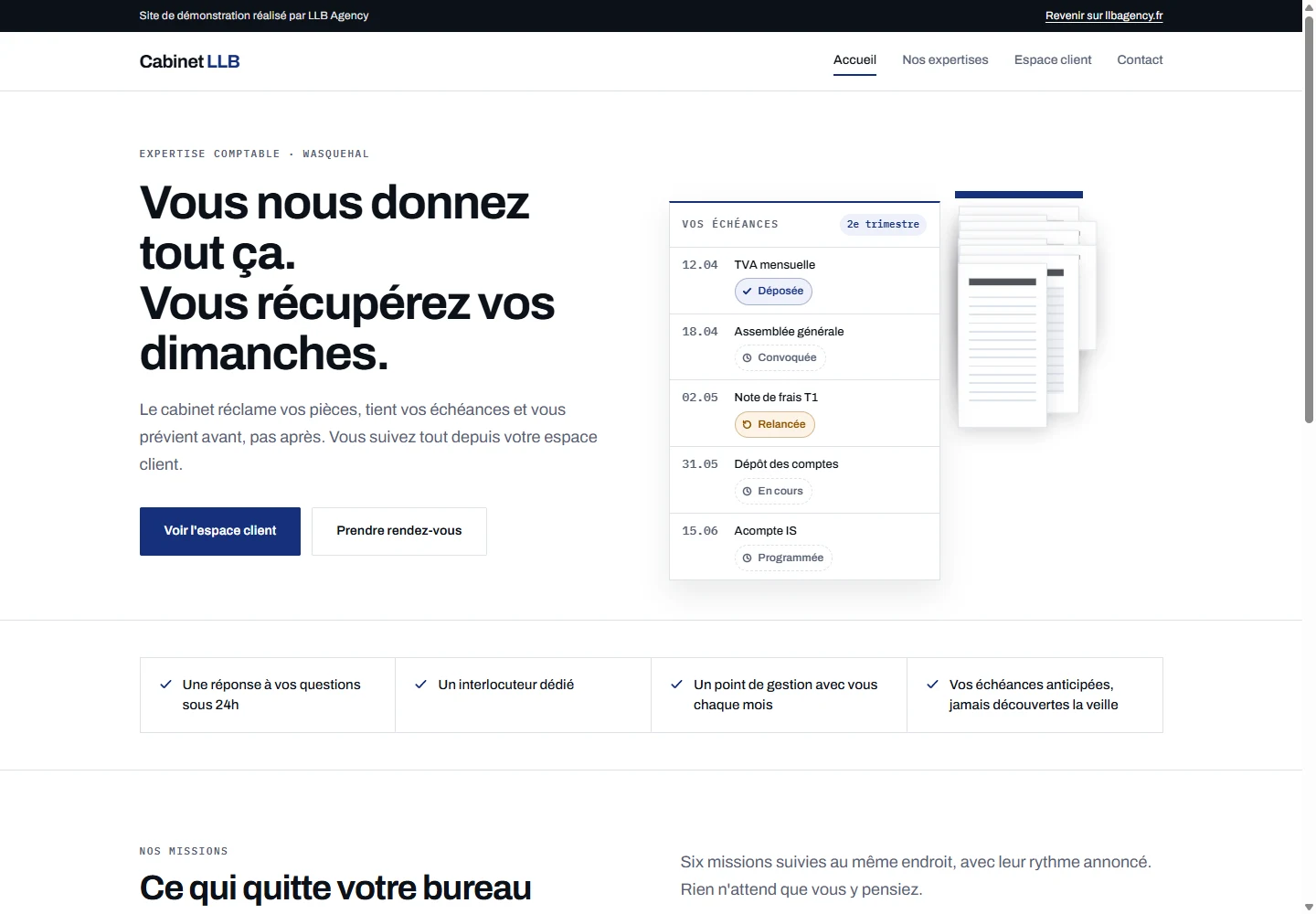 Page d’accueil du Cabinet LLB : accroche sur les dimanches récupérés et calendrier des échéances.