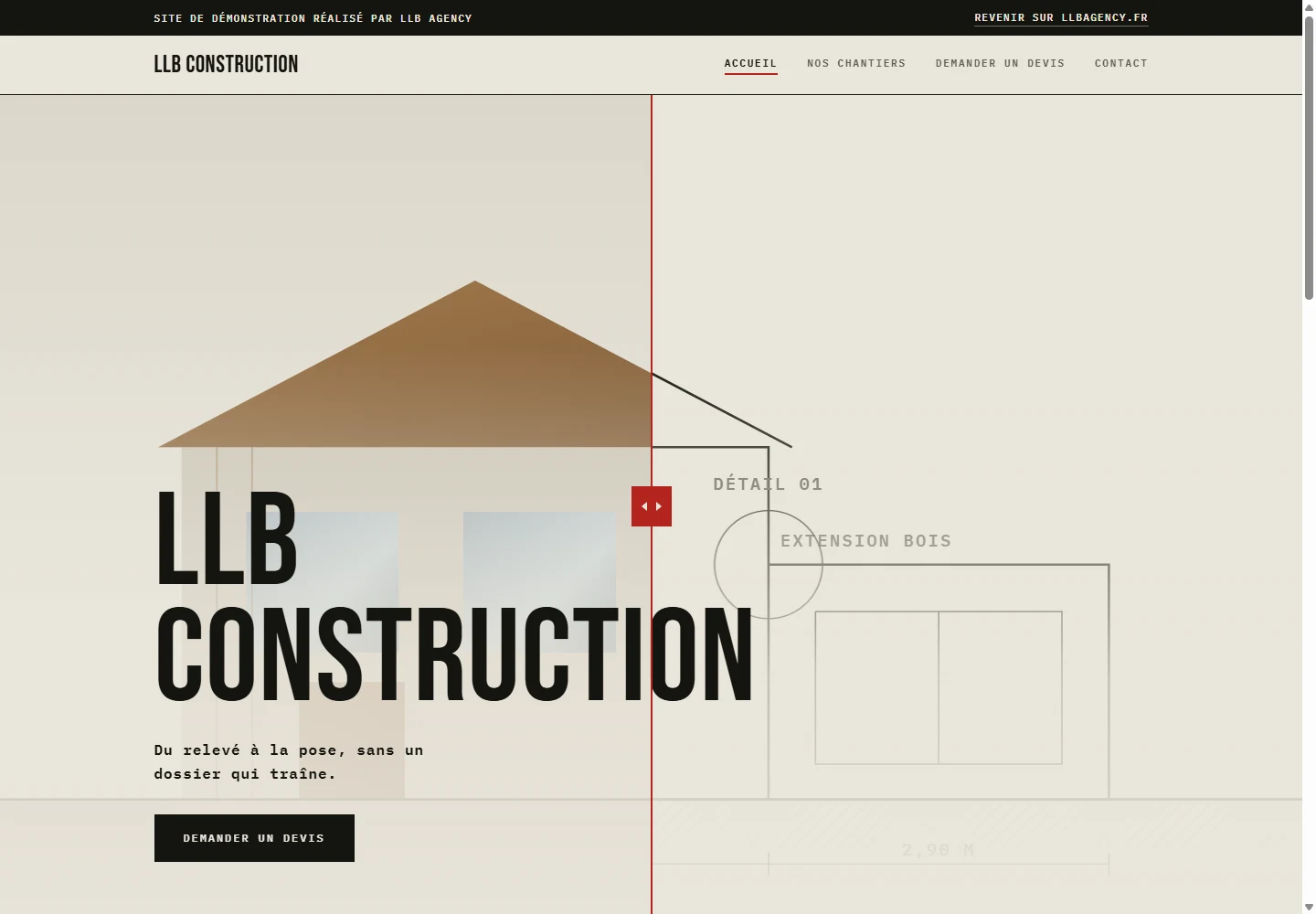 Page d’accueil de LLB Construction : le plan coté se change en ouvrage fini sous un curseur de comparaison.